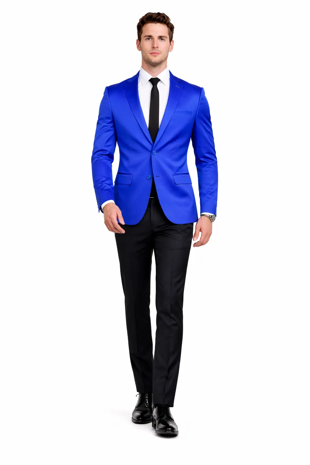 Men’s Slim Fit Blue Satin Blazer – Elegant Two-Button Formal Suit Jacket for Weddings, in blue Color sold by Alberto Nardoni product image thumbnail 4