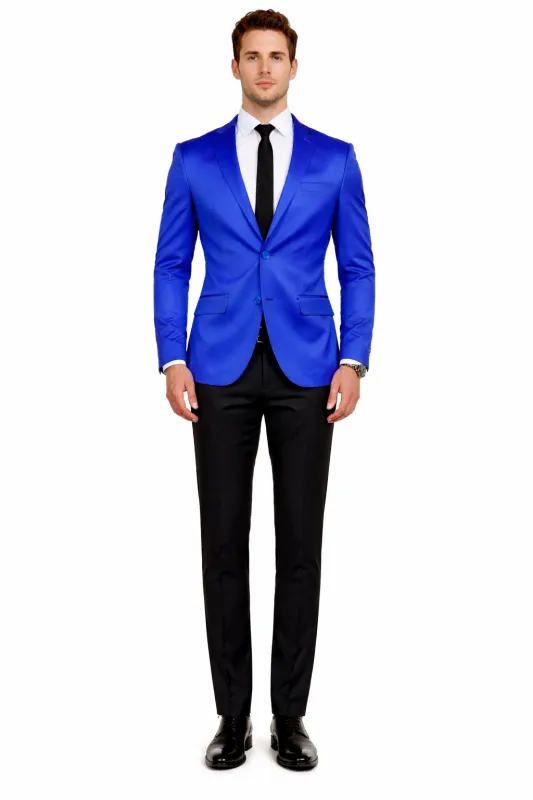 Men’s Slim Fit Blue Satin Blazer – Elegant Two-Button Formal Suit Jacket for Weddings, in blue Color sold by Alberto Nardoni