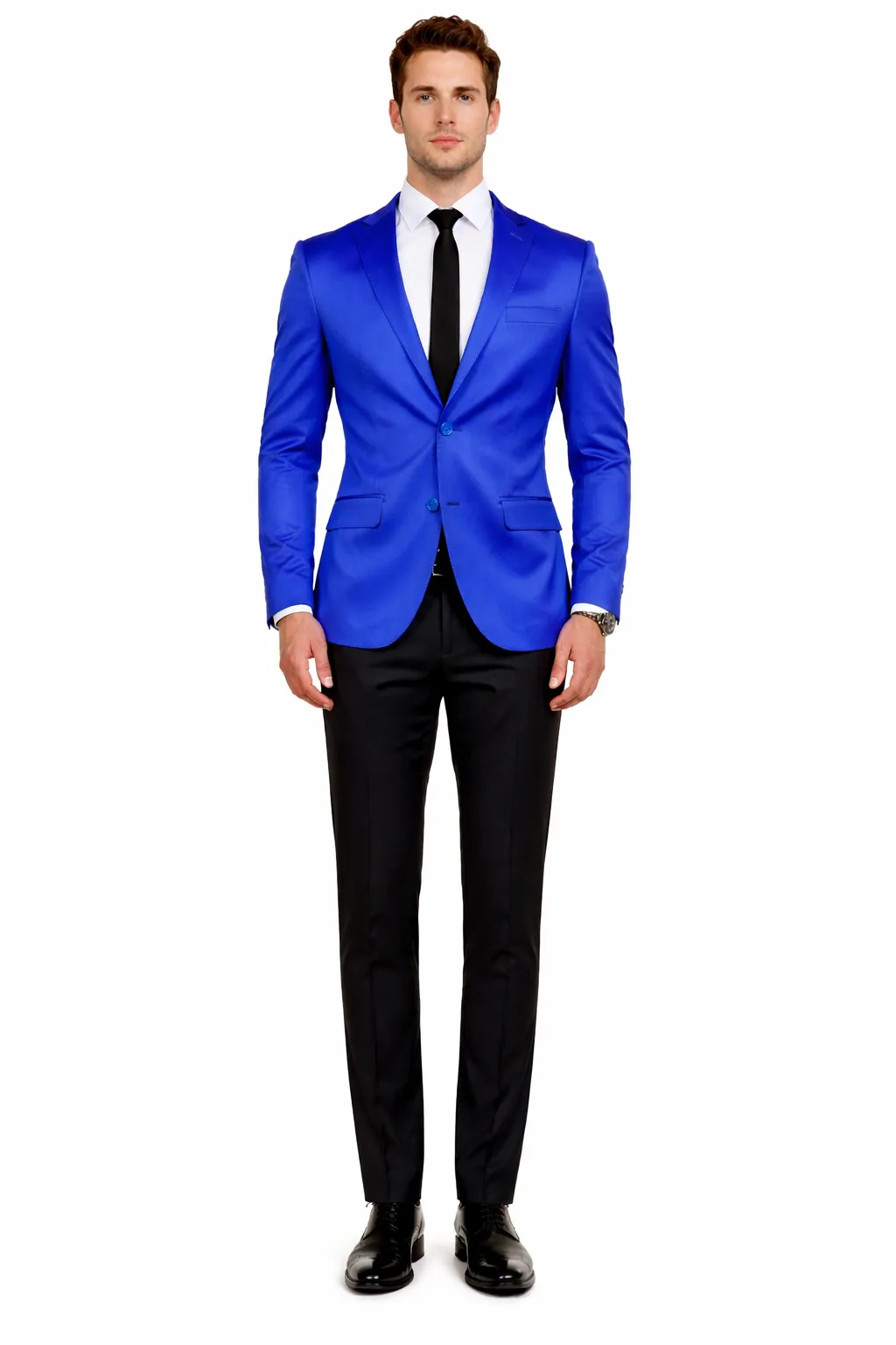 Men’s Slim Fit Blue Satin Blazer – Elegant Two-Button Formal Suit Jacket for Weddings, in blue Color sold by Alberto Nardoni