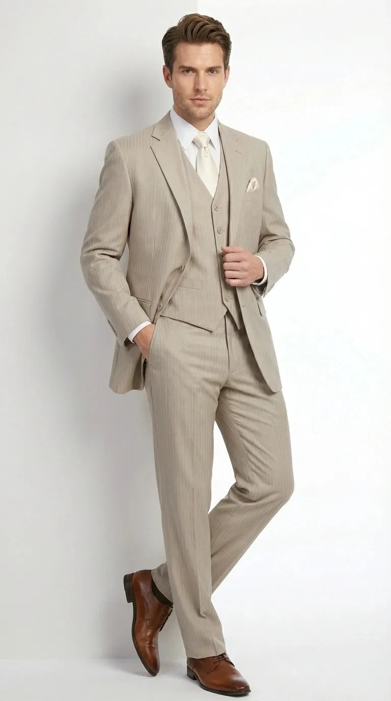 Men’s Tan Pinstripe Three Piece Suit – Classic Fit Pleated Pants Tan Sand Beige Wedding, Church Shadow Ton on Tone Business Suit for Men sold by Alberto Nardoni product image thumbnail 5