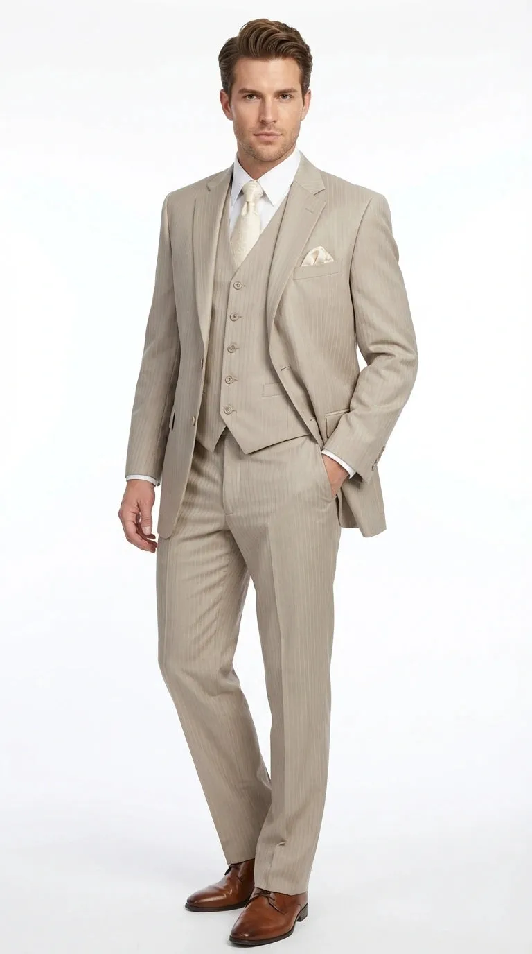 Men’s Tan Pinstripe Three Piece Suit – Classic Fit Pleated Pants Tan Sand Beige Wedding, Church Shadow Ton on Tone Business Suit for Men sold by Alberto Nardoni product image thumbnail 2