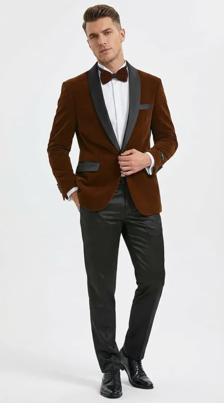 Mens Brown Velvet Tuxedo Jacket – Luxury Black Lapel Velvet Blazer for Wedding, Prom and Formal Events made by Alberto Nardoni
