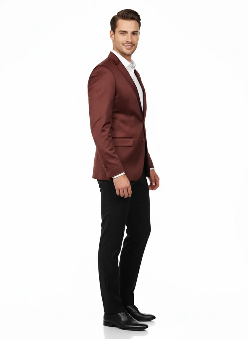 Men’s Slim Fit Maroon Satin Blazer – Elegant Two-Button Formal Suit Jacket for Weddings, in Maroon Wine Color sold by Alberto Nardoni product image thumbnail 3