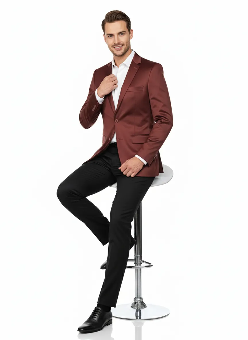 Men’s Slim Fit Maroon Satin Blazer – Elegant Two-Button Formal Suit Jacket for Weddings, in Maroon Wine Color sold by Alberto Nardoni product image thumbnail 4