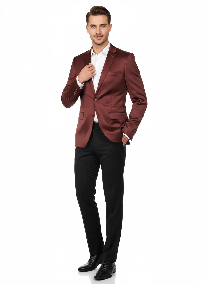 Men’s Slim Fit Maroon Satin Blazer – Elegant Two-Button Formal Suit Jacket for Weddings, in Maroon Wine Color sold by Alberto Nardoni