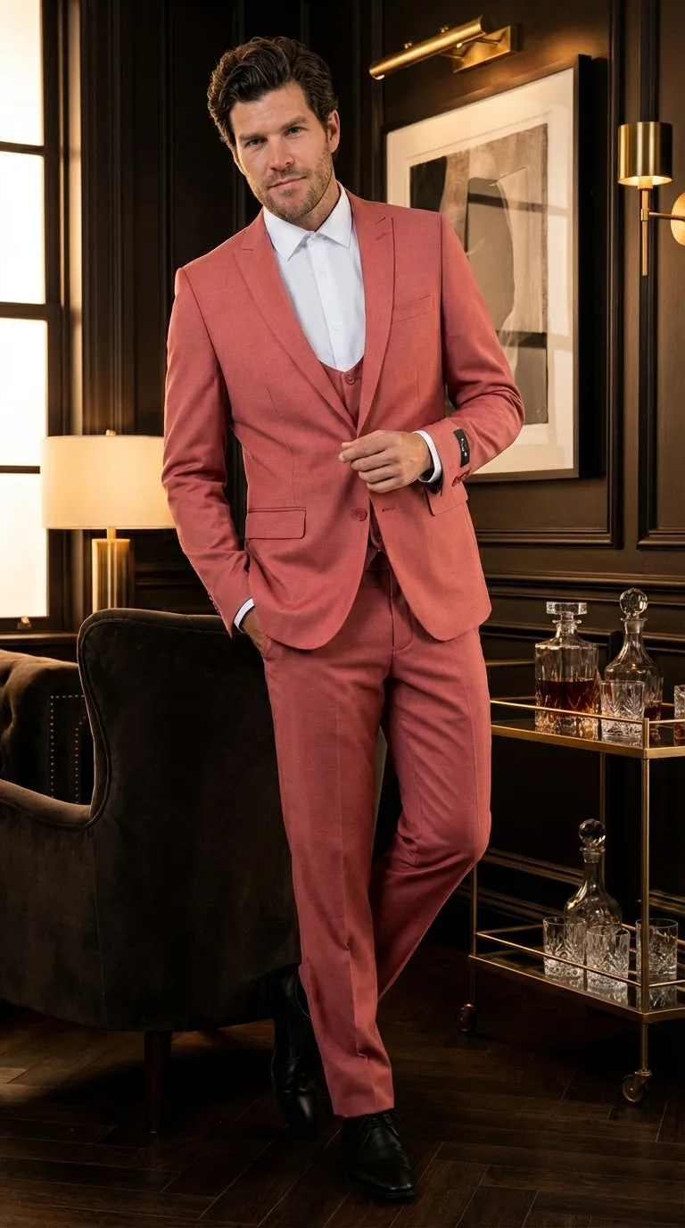 Mens Dusty Rose Three Piece Suit – Modern Formal 3PC Wedding and Prom Suit - Pink Coloe Modern Fit sold by Alberto Nardoni product image thumbnail 3