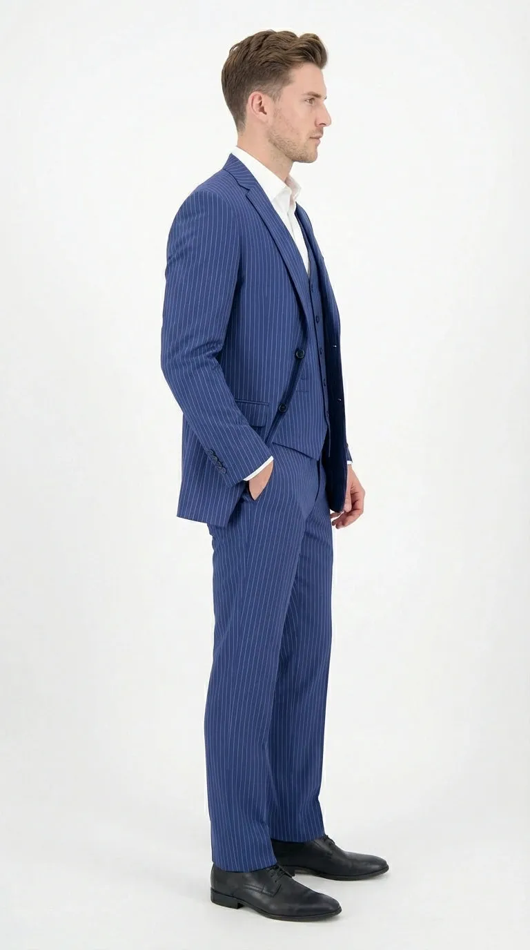 Men’s Royal Blue Pinstripe Three Piece Suit – Classic Formal 3PC Business and Wedding Suit Indigo Teal Saphire Pinstripe sold by Alberto Nardoni product image thumbnail 4