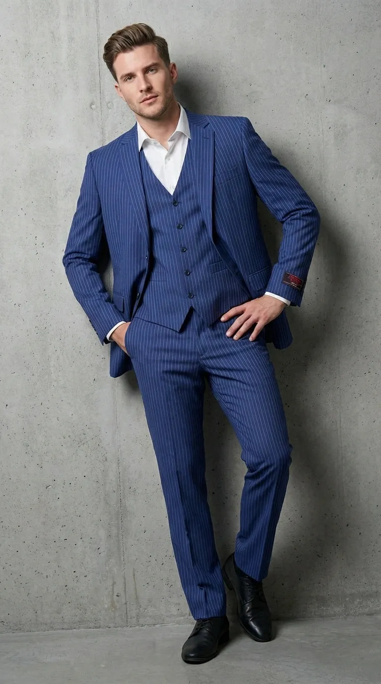 Men’s Royal Blue Pinstripe Three Piece Suit – Classic Formal 3PC Business and Wedding Suit Indigo Teal Saphire Pinstripe sold by Alberto Nardoni product image thumbnail 5