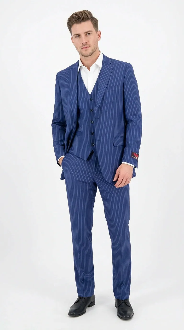 Men’s Royal Blue Pinstripe Three Piece Suit – Classic Formal 3PC Business and Wedding Suit Indigo Teal Saphire Pinstripe sold by Alberto Nardoni product image thumbnail 2