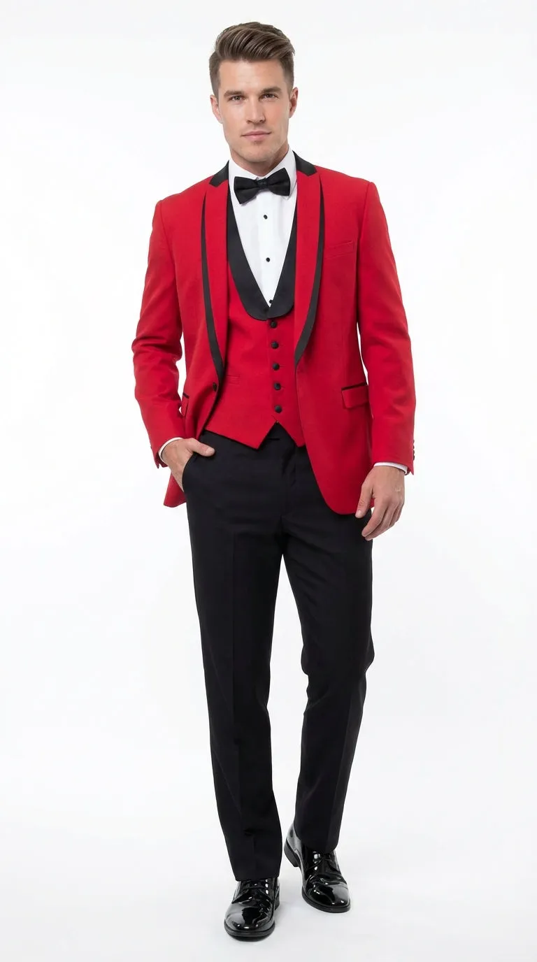 Mens Red and Black Tuxedo – Three Piece Formal Suit with Satin Shawl Lapel for Wedding and Prom sold by Alberto Nardoni