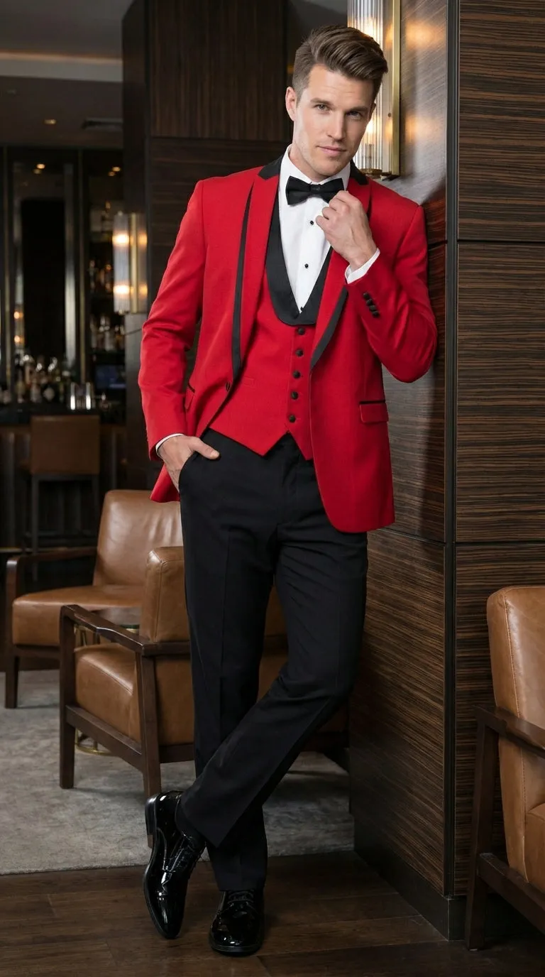Mens Red and Black Tuxedo – Three Piece Formal Suit with Satin Shawl Lapel for Wedding and Prom sold by Alberto Nardoni product image thumbnail 3