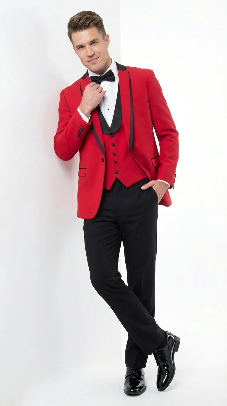 Mens Red and Black Tuxedo – Three Piece Formal Suit with Satin Shawl Lapel for Wedding and Prom sold by Alberto Nardoni product image thumbnail 4