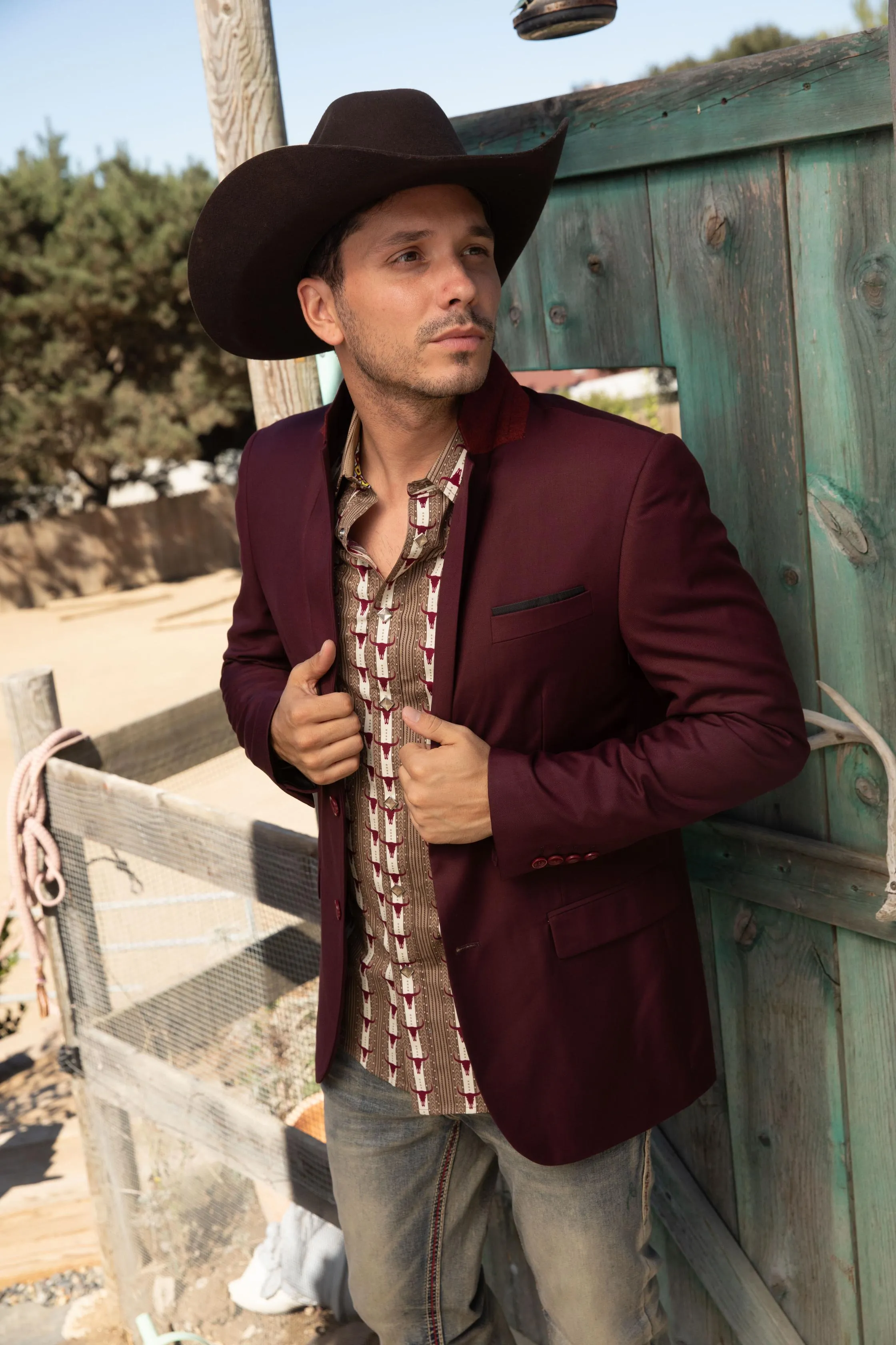 Burgundy Western Cowboy Blazer - Mens Modern Fit Stretch Date Night Burgundy Blazer sold by Alberto Nardoni product image thumbnail 4