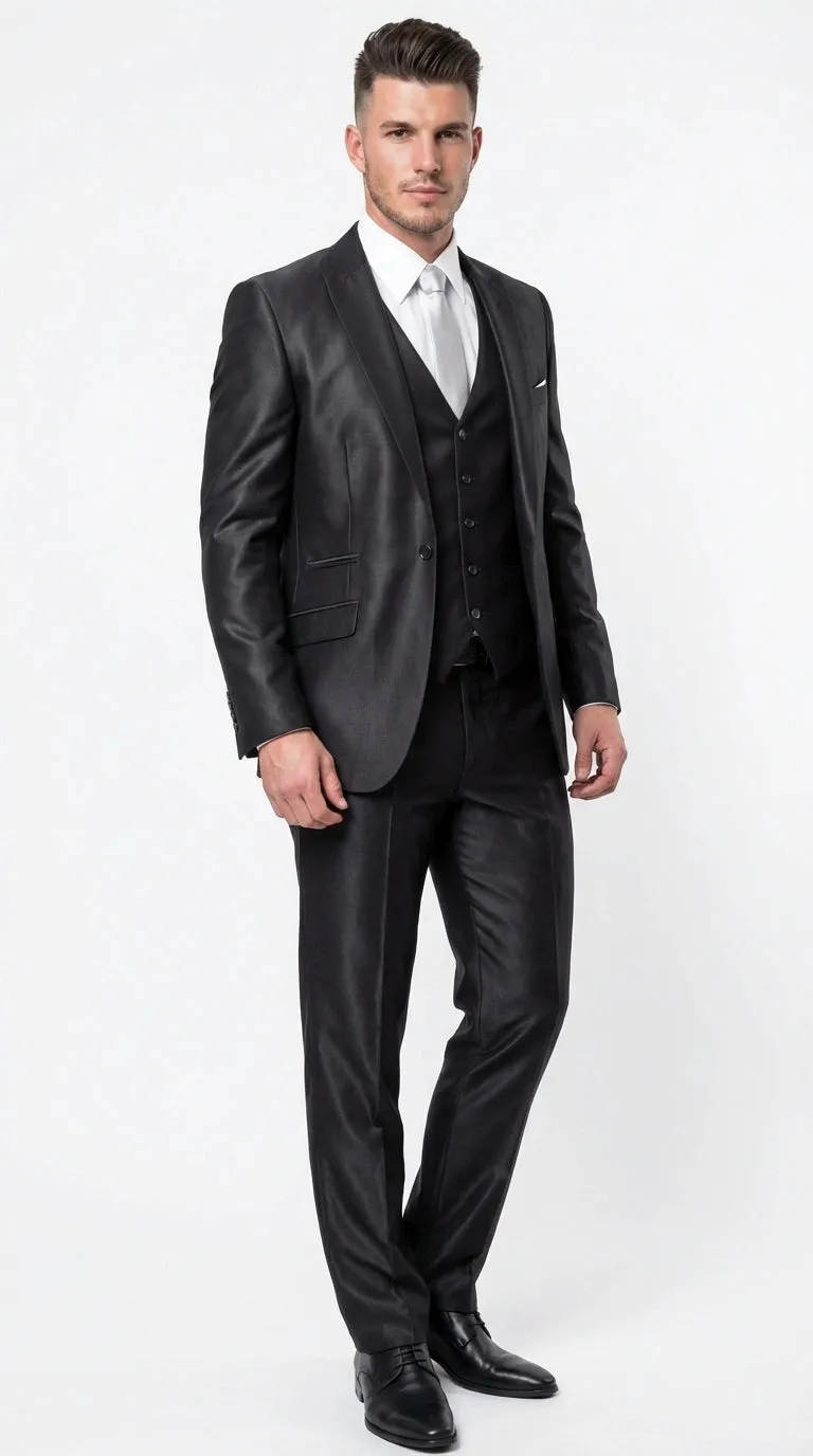 Men’s Black Three Piece Suit – Modern Fit 3PC Formal Suit with Vest for Wedding, Prom and Business Events Sharkskin Shiny Fabric sold by Alberto Nardoni product image thumbnail 2