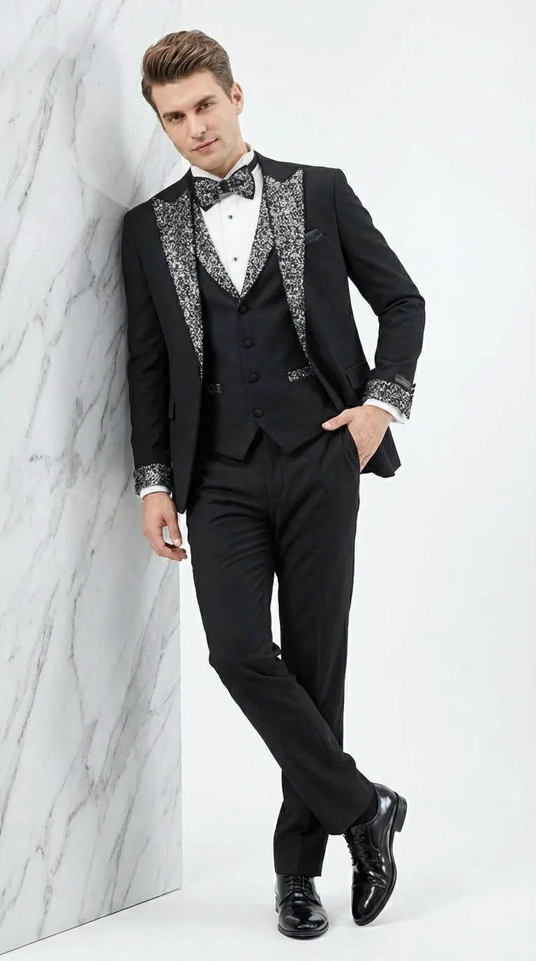 Mens Black and White Lapel Tuxedo Suit – Black Formal Tuxedo with White Pattern Lapel for Wedding, Prom and Evening Events sold by Alberto Nardoni product image thumbnail 4