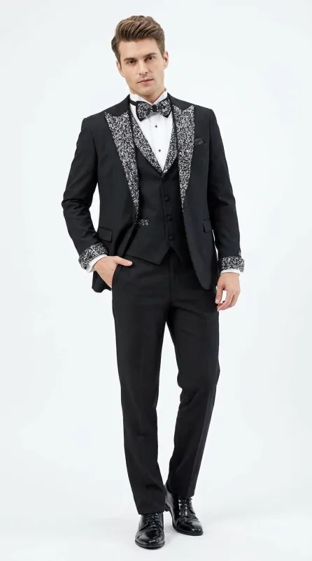 Mens Black and White Lapel Tuxedo Suit – Black Formal Tuxedo with White Pattern Lapel for Wedding, Prom and Evening Events made by Alberto Nardoni