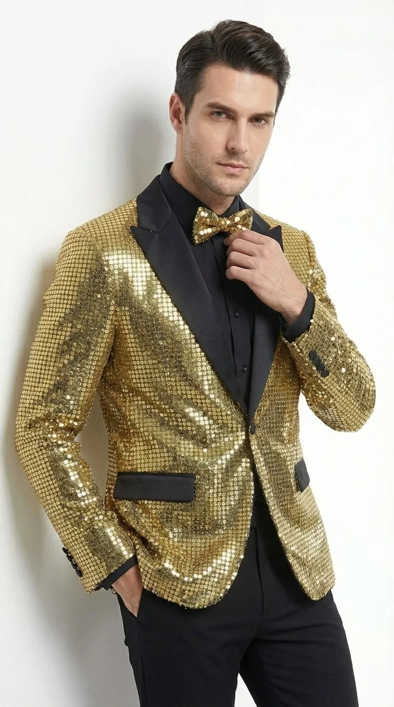 Mens Gold Sequin Blazer with Black Satin Lapel – Gold Formal Party Blazer Jacket for Prom, Wedding and Stage Events sold by Alberto Nardoni product image thumbnail 5