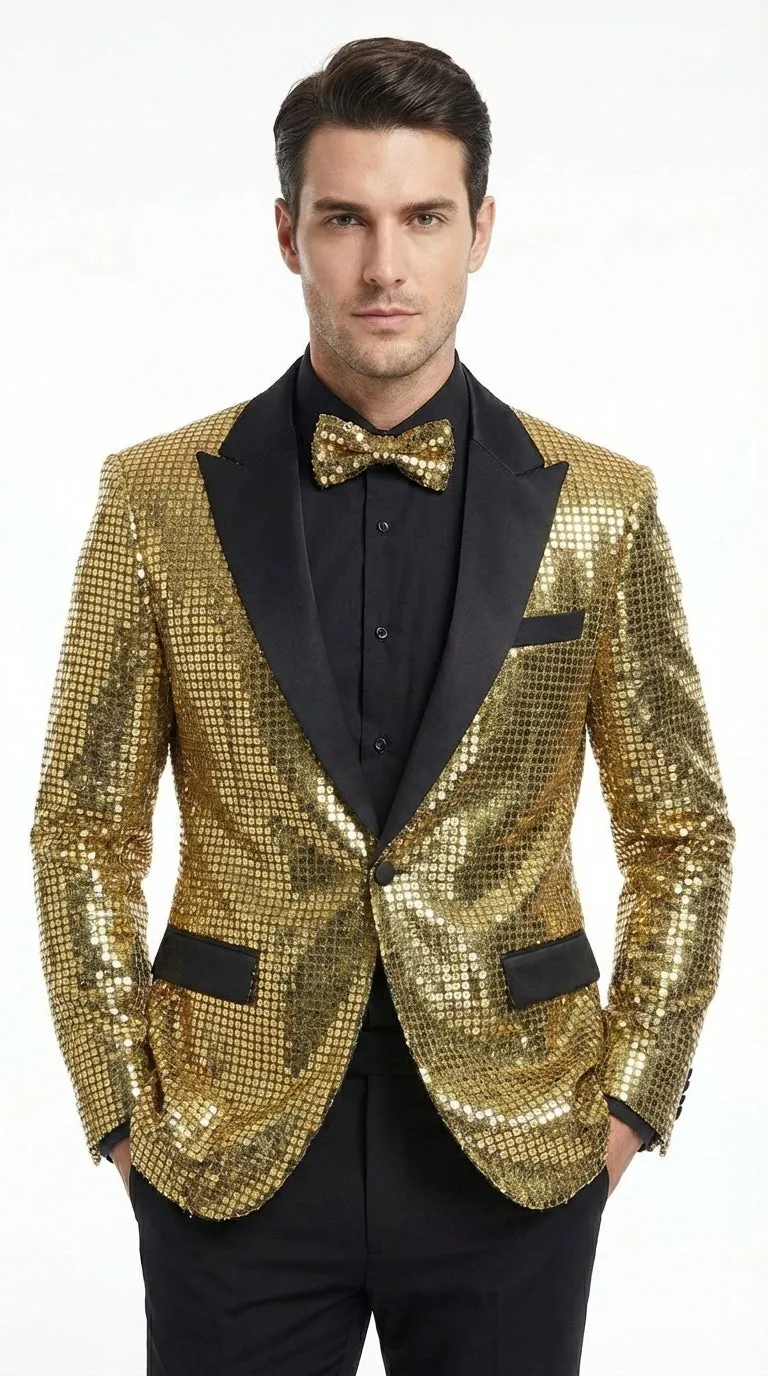 Mens Gold Sequin Blazer with Black Satin Lapel – Gold Formal Party Blazer Jacket for Prom, Wedding and Stage Events sold by Alberto Nardoni product image thumbnail 2