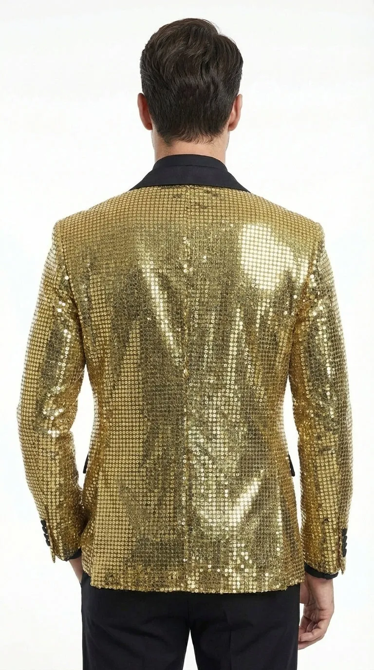 Mens Gold Sequin Blazer with Black Satin Lapel – Gold Formal Party Blazer Jacket for Prom, Wedding and Stage Events sold by Alberto Nardoni product image thumbnail 3