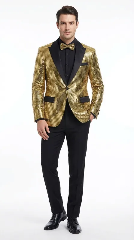 Mens Gold Sequin Blazer with Black Satin Lapel – Gold Formal Party Blazer Jacket for Prom, Wedding and Stage Events sold by Alberto Nardoni