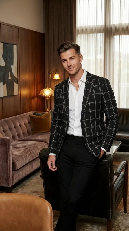 Men’s Black Windowpane Check Blazer – Black Plaid Formal Blazer Jacket for Business, Wedding and Smart Casual Style sold by Alberto Nardoni