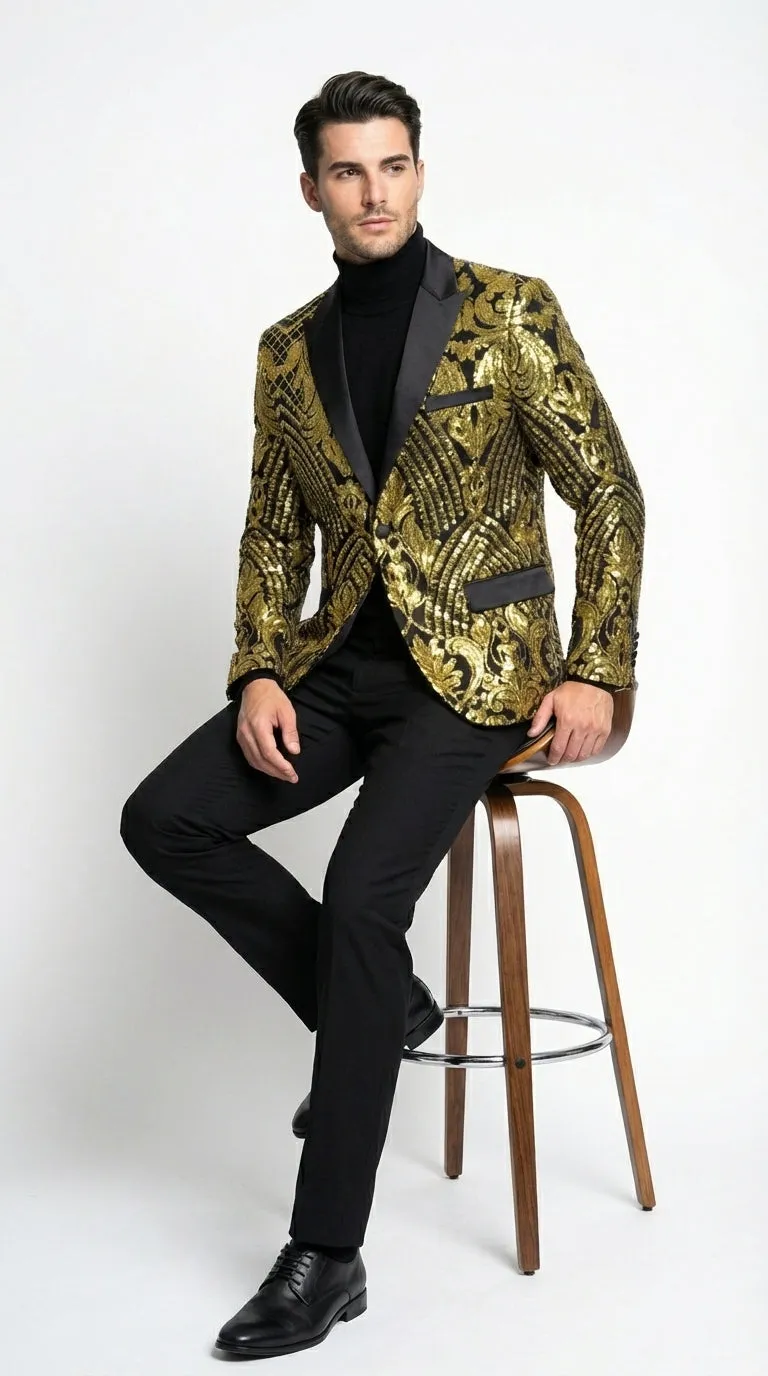 Mens Black and Gold Pattern Blazer – Gold Floral Luxury Formal Blazer Jacket for Prom, Wedding and Party Slim Fitted sold by Alberto Nardoni product image thumbnail 4