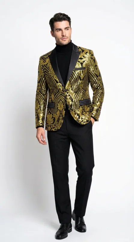 Mens Black and Gold Pattern Blazer – Gold Floral Luxury Formal Blazer Jacket for Prom, Wedding and Party Slim Fitted sold by Alberto Nardoni