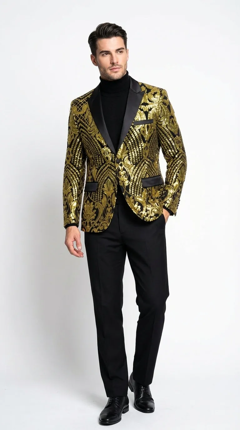Mens Black and Gold Pattern Blazer – Gold Floral Luxury Formal Blazer Jacket for Prom, Wedding and Party Slim Fitted sold by Alberto Nardoni