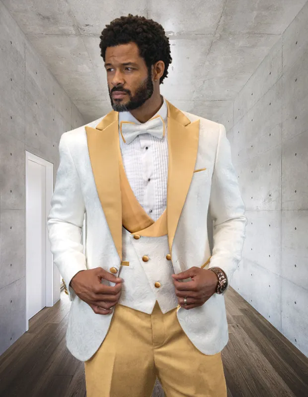 Mens White and Gold Champagne Color Satin Lapel Tuxedo Peak Lapel Modern Fit With Bowtie 4PC sold by Alberto Nardoni