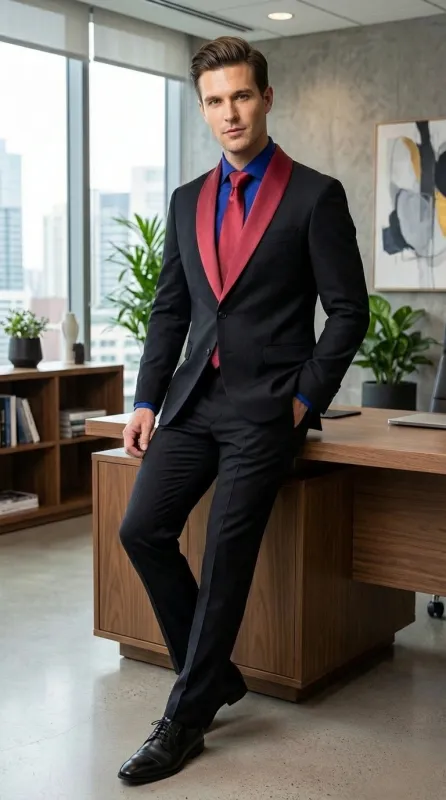 Men’s Black Suit with Burgundy Shawl Lapel –  Formal Tuxedo Suit for Wedding, Prom and Evening Events + Bowtie & Tie made by Alberto Nardoni