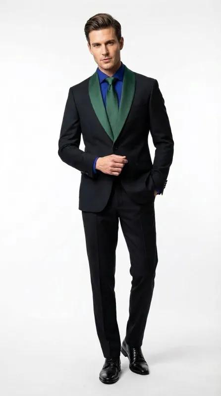 Men’s Black Suit with Hunter Green Shawl Lapel – Black and Hunter Green Formal Tuxedo Suit for Wedding, Prom With Bow Tie made by Alberto Nardoni