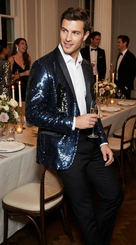Men’s Navy Sequin Blazer – Navy Blue Sparkle Sequin Formal Blazer with Satin Lapel for Prom, Party and Evening Events sold by Alberto Nardoni
