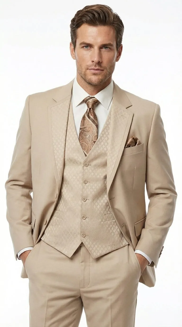 Men’s Tan Beige 3 Piece Tuxedo Suit – Beige Formal Suit Set with Vest, Patterned Lapel and Tie for Wedding, Prom in Tan Khaki Color sold by Alberto Nardoni product image thumbnail 5