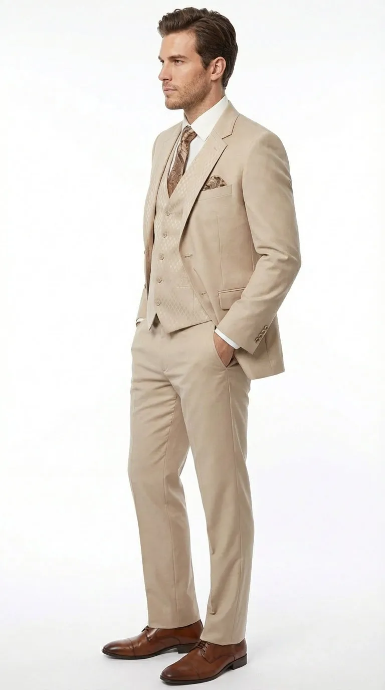 Men’s Tan Beige 3 Piece Tuxedo Suit – Beige Formal Suit Set with Vest, Patterned Lapel and Tie for Wedding, Prom in Tan Khaki Color sold by Alberto Nardoni product image thumbnail 3