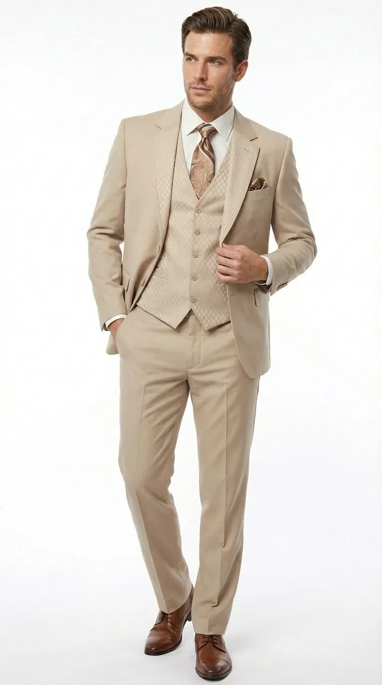 Men’s Tan Beige 3 Piece Tuxedo Suit – Beige Formal Suit Set with Vest, Patterned Lapel and Tie for Wedding, Prom in Tan Khaki Color sold by Alberto Nardoni product image thumbnail 4