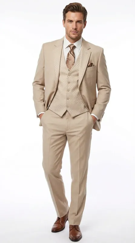 Men’s Tan Beige 3 Piece Tuxedo Suit – Beige Formal Suit Set with Vest, Patterned Lapel and Tie for Wedding, Prom in Tan Khaki Color made by Alberto Nardoni