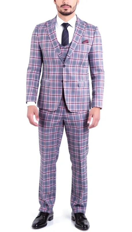 Stylish Grey and Red Checkered Suit for Men – Slim Fit 3 Piece Formal Outfit made by Alberto Nardoni