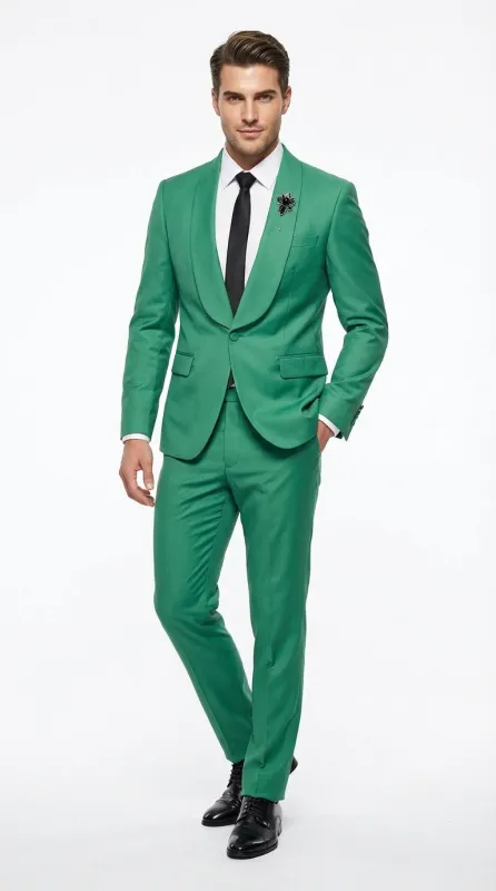 Men’s Emerald Green Tuxedo Suit – Emerald Green Formal Tuxedo with Shawl Lapel Jacket Trousers for Prom, Wedding in Augusta Green made by Alberto Nardoni