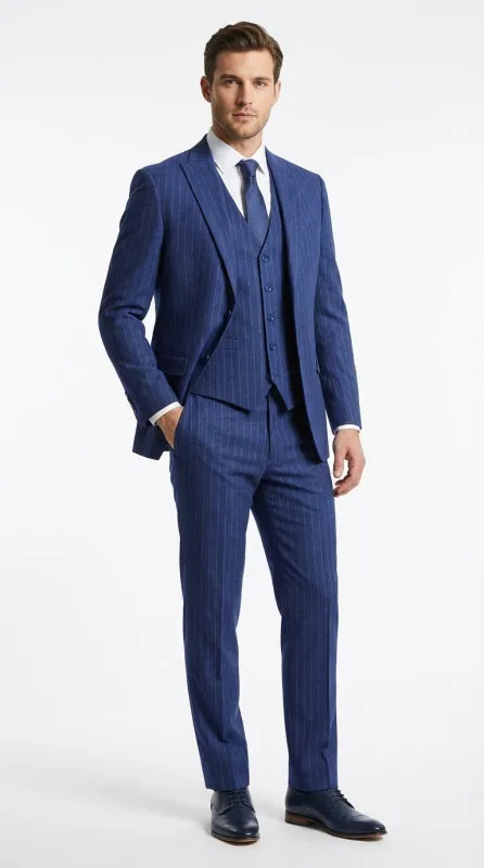 Men’s Cobalt Blue 3 Piece Suit – Indigo Light Blue Pinstripe Formal Suit with Vest for Wedding, Business Modern Fit Two buttons made by Alberto Nardoni