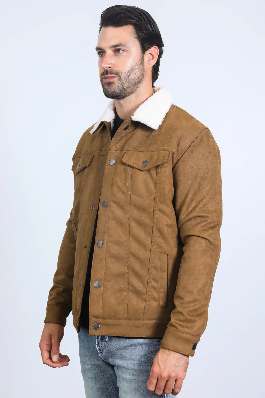 Classic Camel Faux Suede Jacket for Men – Sherpa Lined Warm Winter Style sold by Alberto Nardoni product image thumbnail 2