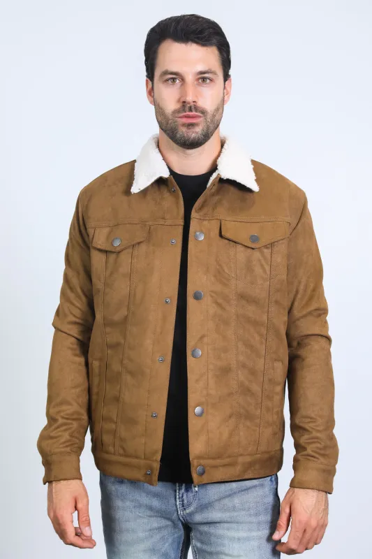 Classic Camel Faux Suede Jacket for Men – Sherpa Lined Warm Winter Style made by Alberto Nardoni