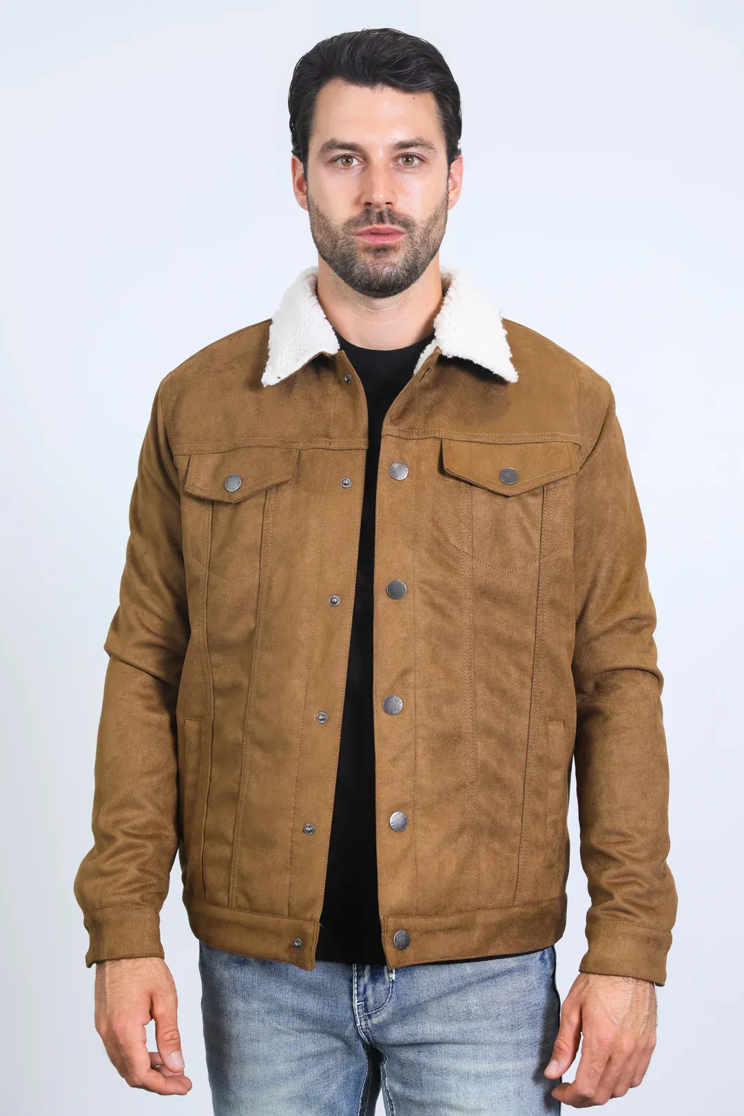 Classic Camel Faux Suede Jacket for Men – Sherpa Lined Warm Winter Style sold by Alberto Nardoni