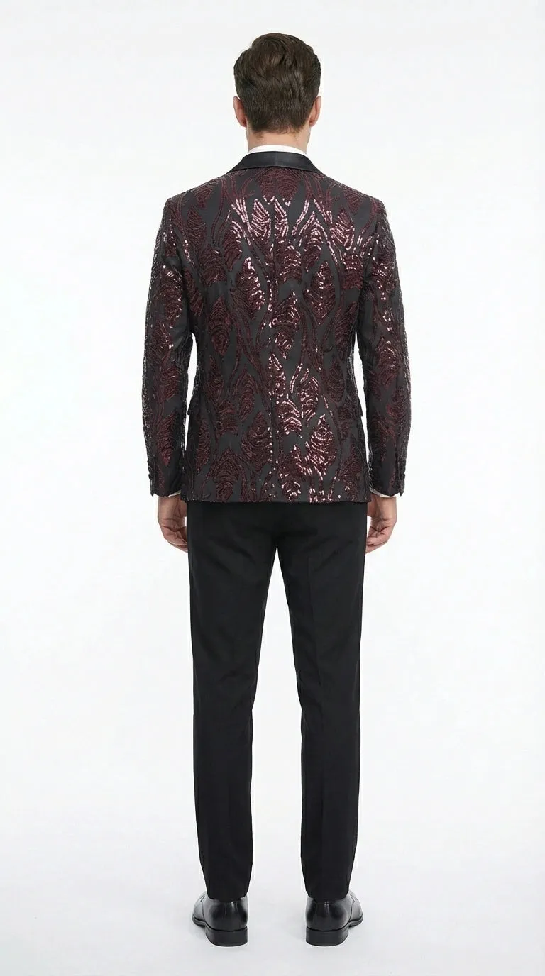 Men’s Black and Burgundy Sequin Blazer – Black Sparkle Sequin Party Blazer with Burgundy Pattern for Prom, Wedding Slim Fitted sold by Alberto Nardoni product image thumbnail 5