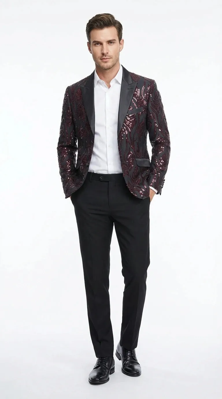 Men’s Black and Burgundy Sequin Blazer – Black Sparkle Sequin Party Blazer with Burgundy Pattern for Prom, Wedding Slim Fitted sold by Alberto Nardoni product image thumbnail 2