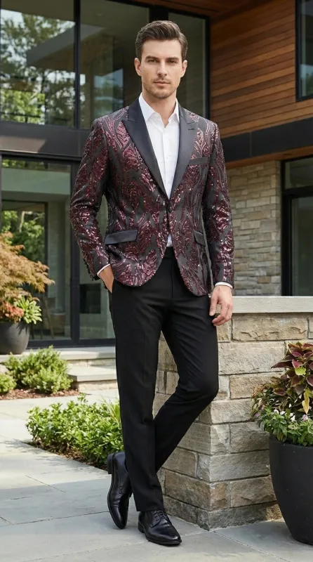 Men’s Black and Burgundy Sequin Blazer – Black Sparkle Sequin Party Blazer with Burgundy Pattern for Prom, Wedding Slim Fitted made by Alberto Nardoni