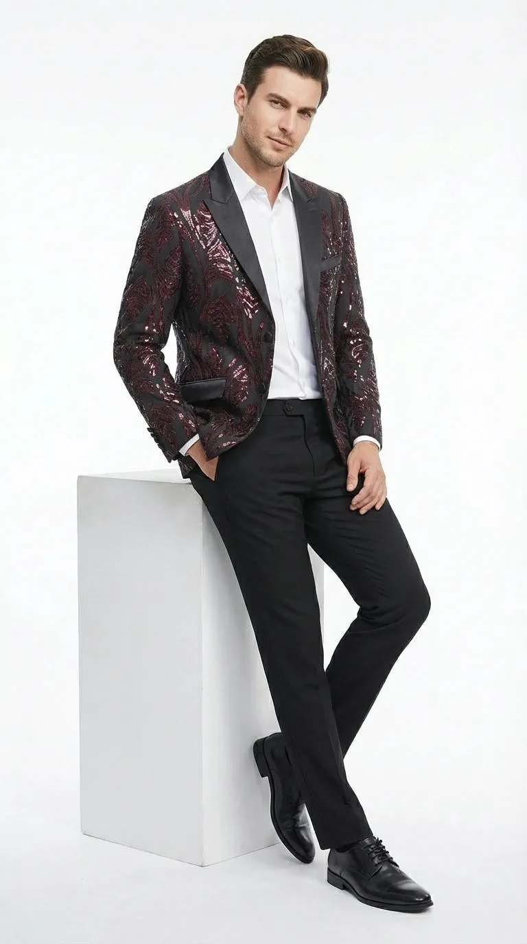 Men’s Black and Burgundy Sequin Blazer – Black Sparkle Sequin Party Blazer with Burgundy Pattern for Prom, Wedding Slim Fitted sold by Alberto Nardoni product image thumbnail 3