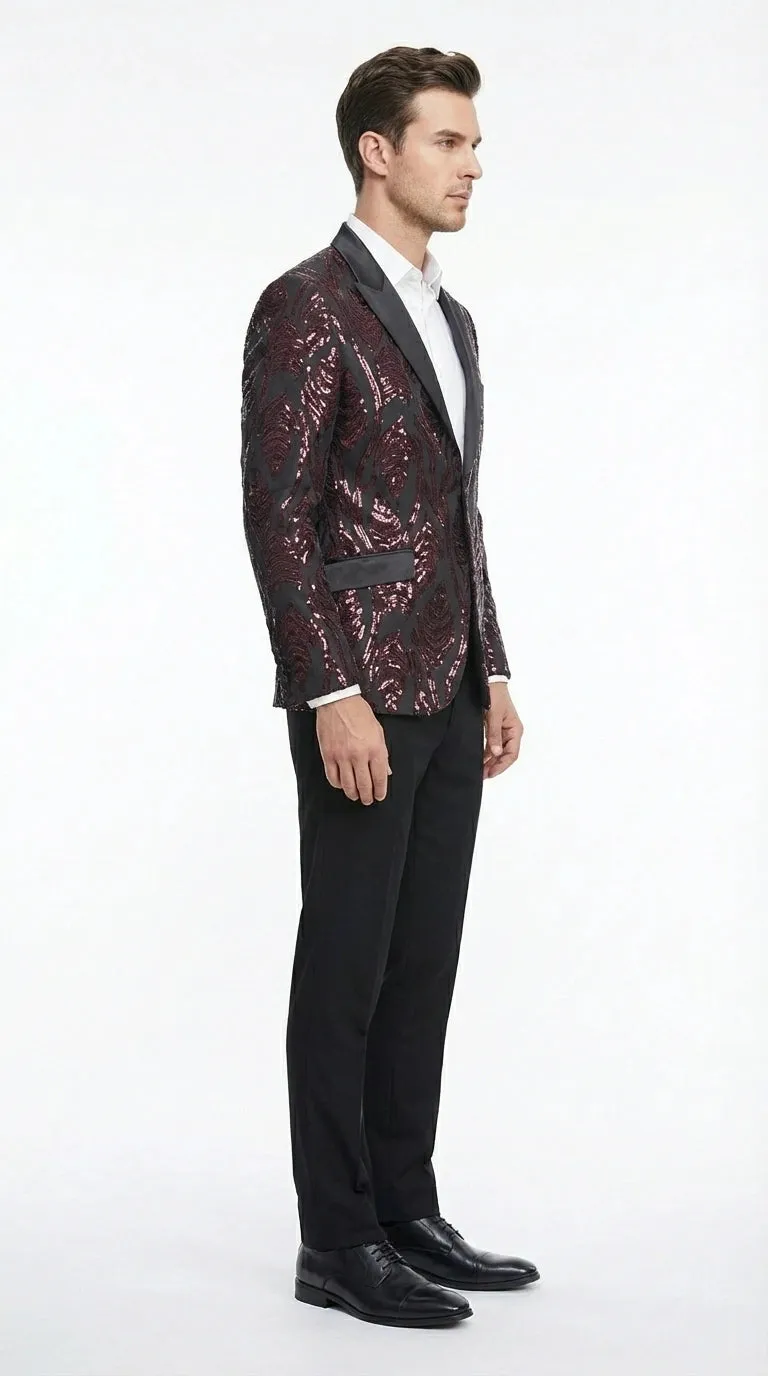 Men’s Black and Burgundy Sequin Blazer – Black Sparkle Sequin Party Blazer with Burgundy Pattern for Prom, Wedding Slim Fitted sold by Alberto Nardoni product image thumbnail 4