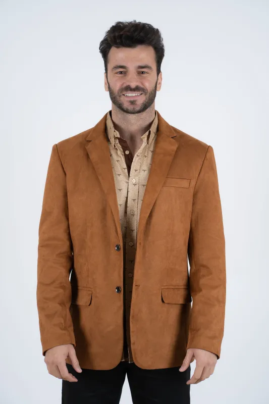 Men’s Camel Faux Suede Double Button Blazer – Stylish Casual Sport Coat sold by Alberto Nardoni
