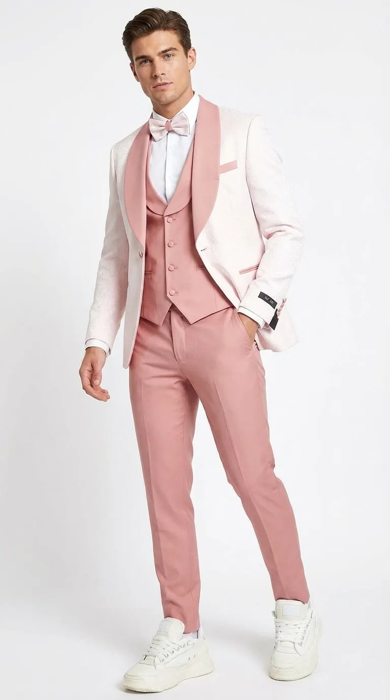 Men’s Cream and Rose Pink Prom Suit – Cream Tuxedo Jacket with Rose Pink Pants and Shawl Lapel Formal Suit for Prom and Wedding sold by Alberto Nardoni