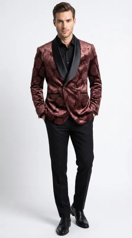 Mens Rust Copper Brick color Floral Jacquard Pasiley Blazer – Pattern Dinner Jacket with Black Shawl Lapel for Formal dinners and Wedding sold by Alberto Nardoni